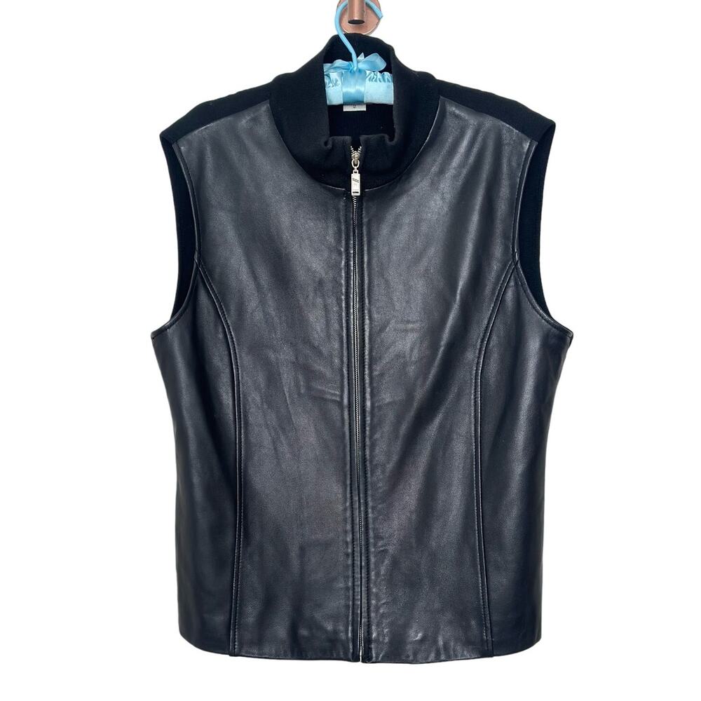 Vintage Bianca Nygard Sz 12 Genuine Leather Merino Wool Vest Full Zip Up